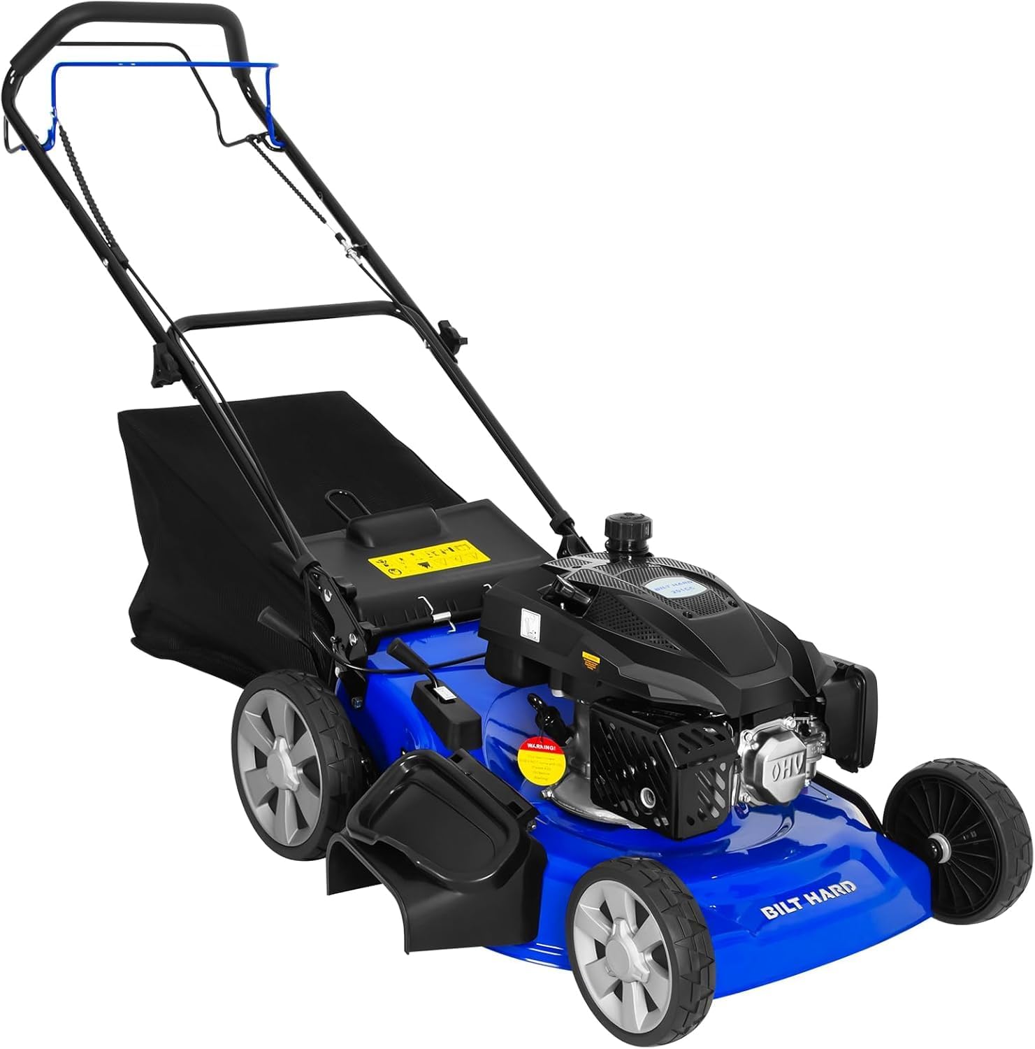 BILT HARD 21' Self Propelled Gas Lawn Mower – Powered by a 201cc 4-Cycle OHV Engine, 3-in-1 Functions (Bagging, Mulching & Side Discharge), 8-Position Cutting Height Adjustment, and Easy Start.