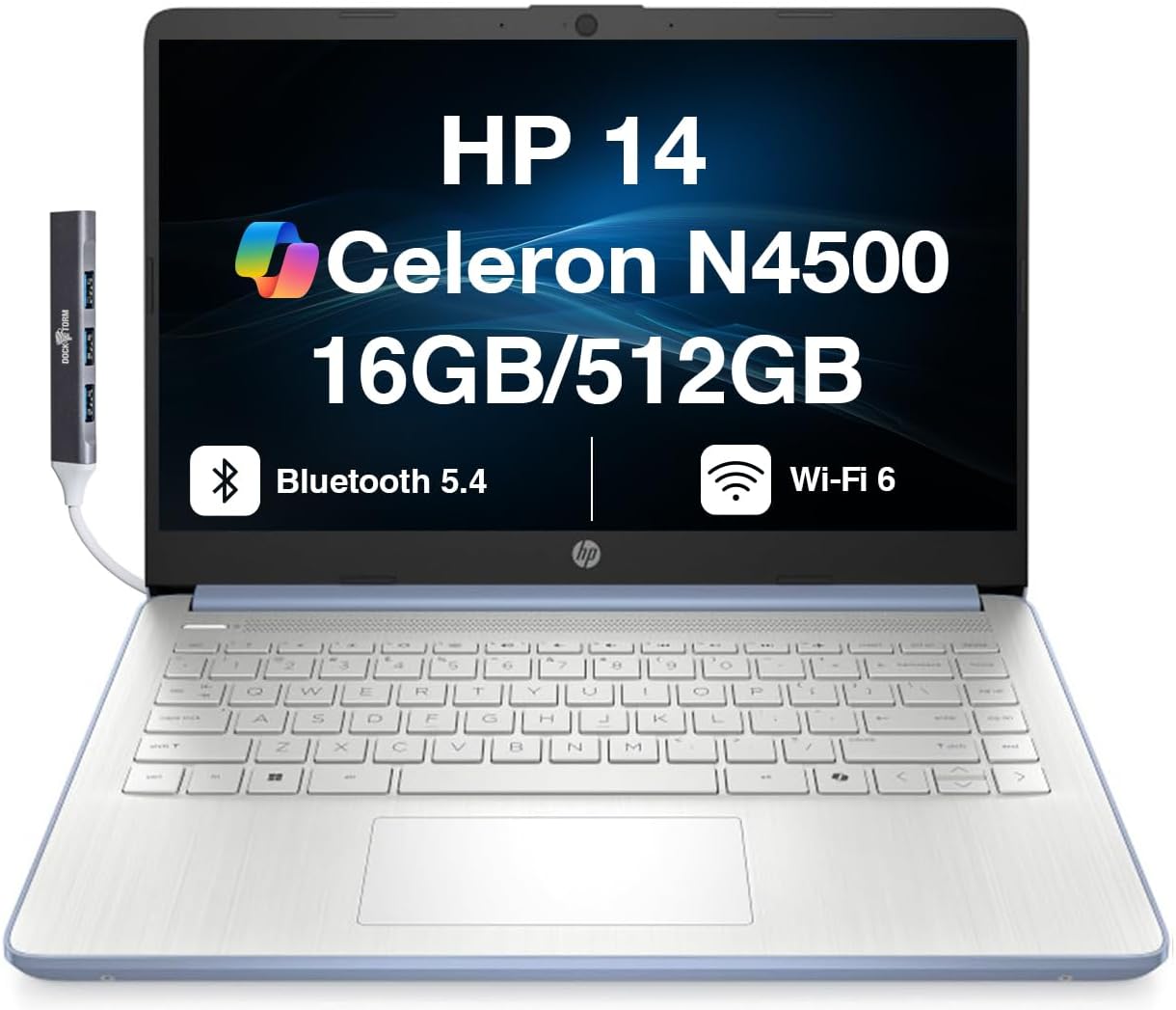 HP 14 Student & Business Laptop 14.0' HD Display (Intel Celeron N4500, 16GB DDR4, 512GB PCIe SSD, Intel UHD, WiFi 6, Webcam, BT 5.4, Sky Blue, Win 11 Home S-Mode) with DKZ USB Port Expander