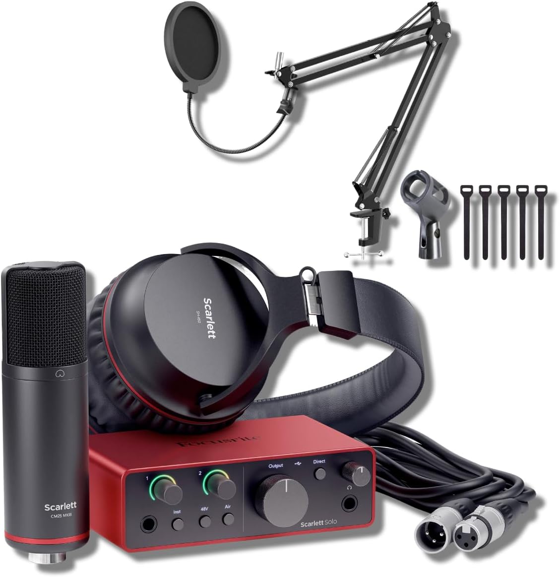 Focusrite Scarlett Solo Studio 4th Gen USB Audio Interface Desktop Bundle with CM25 MkIII Mic, SH-450 Headphones, StreamEye Boom Arm, and Pop Filter — 24-Bit/192kHz, Air Mode, Auto Gain