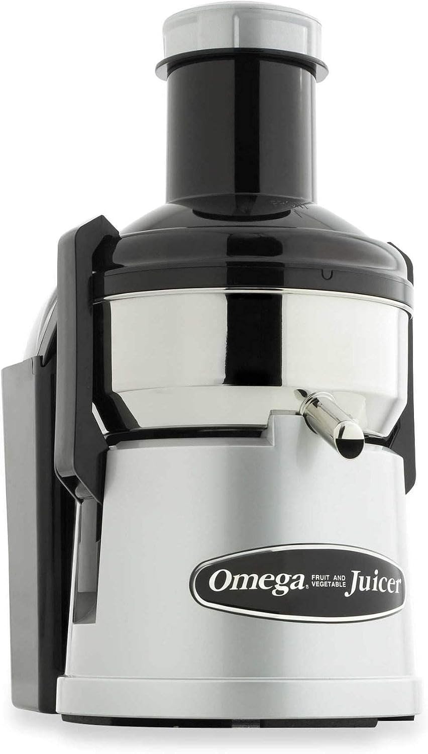 Omega BMJ330 Mega Mouth Juicer with Extra Large Feed Chute For Larger Portions of Fruits & Vegetables Pulp Ejection with Pulp Catch Bucket, 375W, Silver