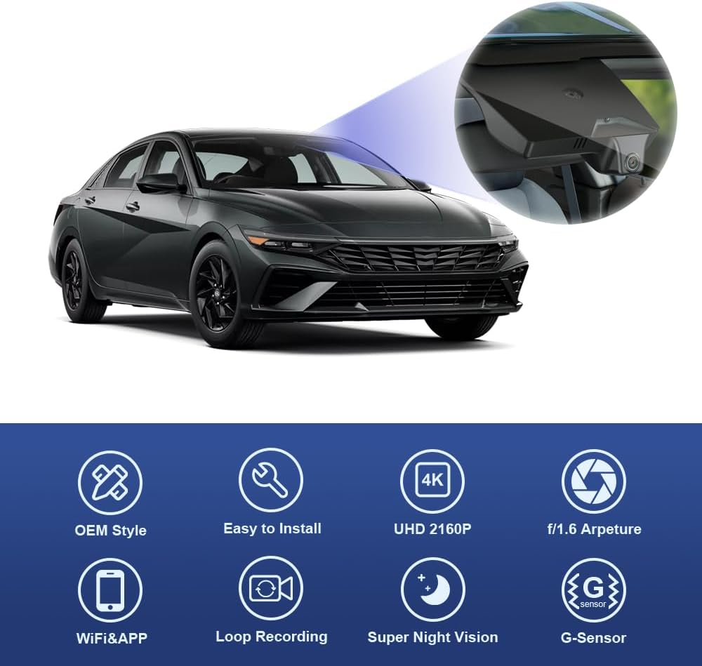 Fitcamx 4K Dash Cam Suitable for Hyundai Elantra 2021-2025 (Part No#AA000) SE SEL Limited N Line Blue Manual, OEM Look, UHD 2160P Video, WiFi & APP, Loop Recording G-Sensor, Plug&Play, 64GB Card