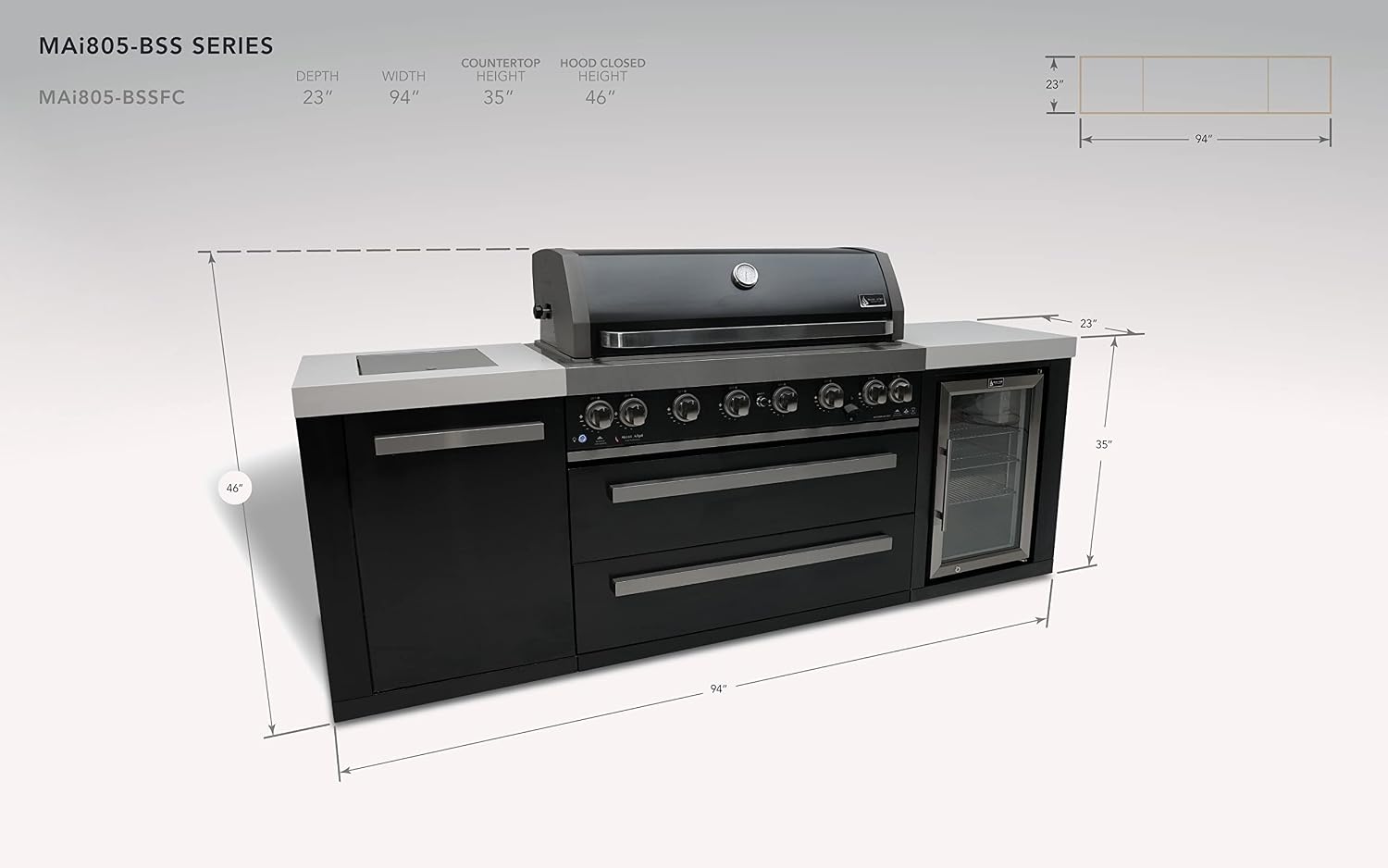 Mont Alpi Black Series Stainless Steel 94'W x 23'D Modular Outdoor Kitchen Island + Side Burner + Refrigerator + 44'W 6-Burner BBQ Gas Grill + White Granite Countertops + Storage Cabinets & Drawers