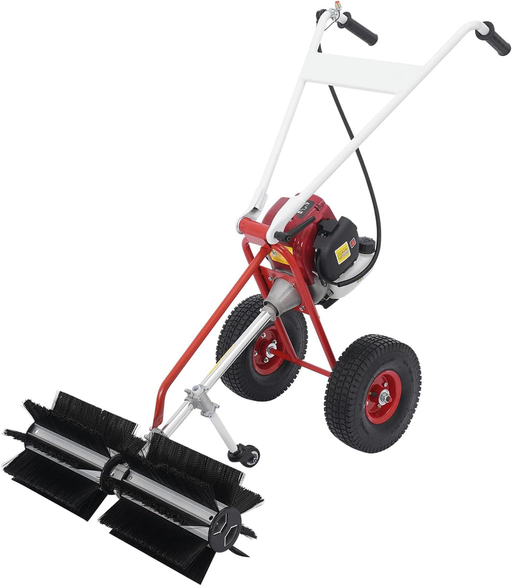 4-Stroke Gas Powered Hand Push Sweeper, Outdoor Hand Held Gas Power Broom Gas Handheld Walk Behind Push Lawn Sweeper Artificial Turf Gas Power Sweeper w/ 23in Long High-Density Brush for Driveway Snow
