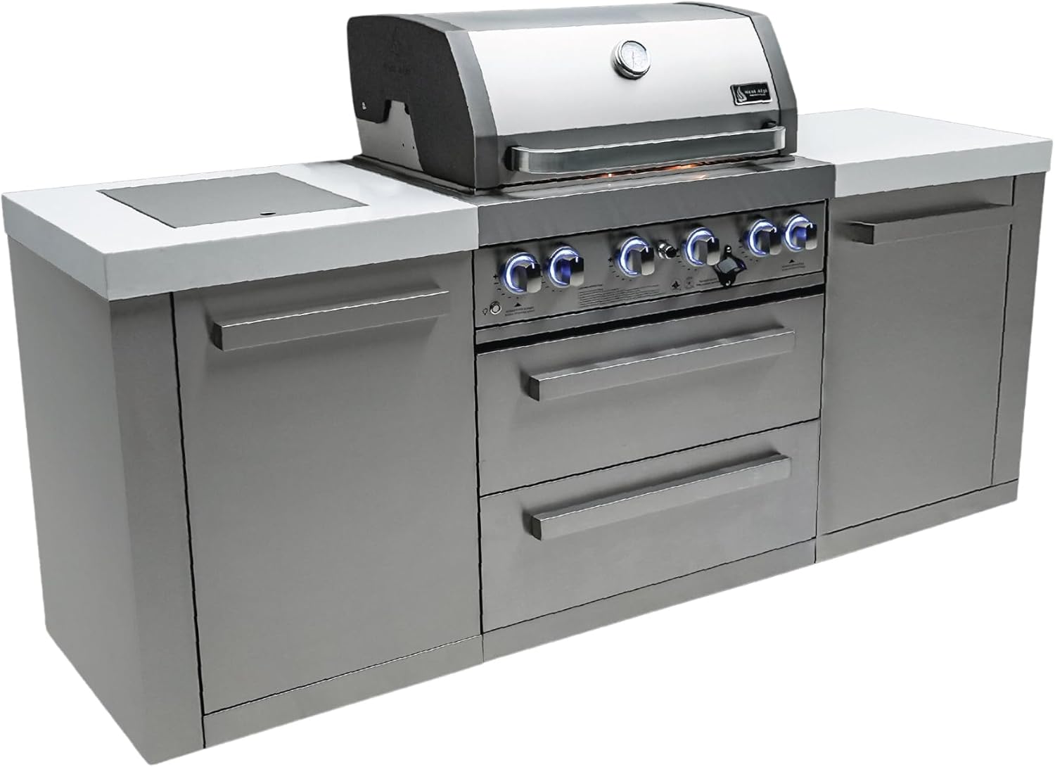 Mont Alpi Premium Stainless Steel 82'W x 23'D Modular Outdoor Kitchen Island with Infrared Side Burner + 32'W 4-Burner BBQ Grill + Rotisserie Burner + Granite Countertops + Storage Cabinets + Drawers