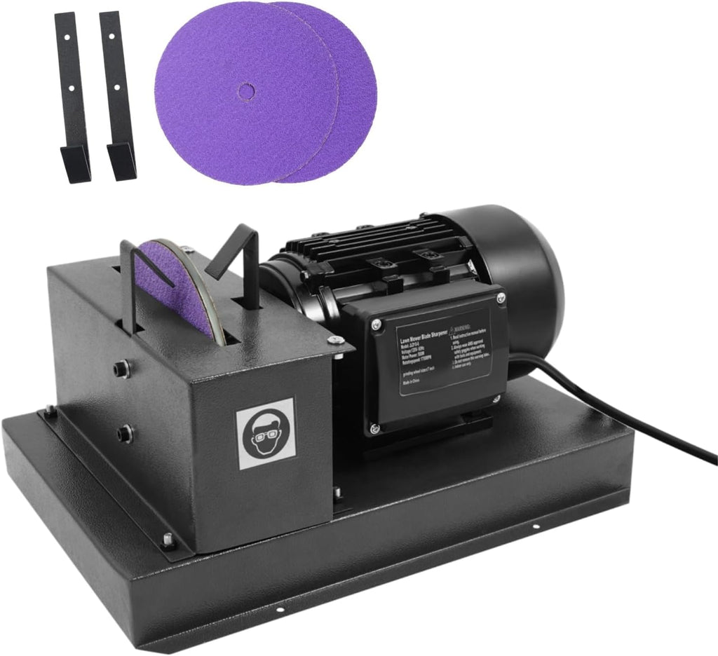 Lawn Mower Blade Sharpener, 1700 RPM 500W Lawnmower Blade Bench Grinder with 7-Inch 60 Grit & 2 Sheets for High-Lift Blades, Low-Lift Blades, Gator Blades 16.93 x 12.6 x 9.65 Inch