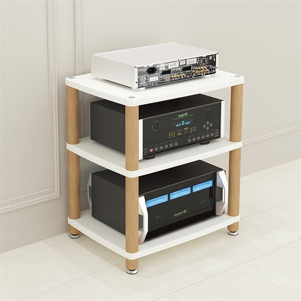 Media Storage Cabinet White, 3/4 Shelf Vertical Audio-Video Shelving with Wood Legs, Stereo Equipment Hoolder for Living Room/Theater Room/Home Cinema(48x60x67cm/18.9x23.6x26.3in)