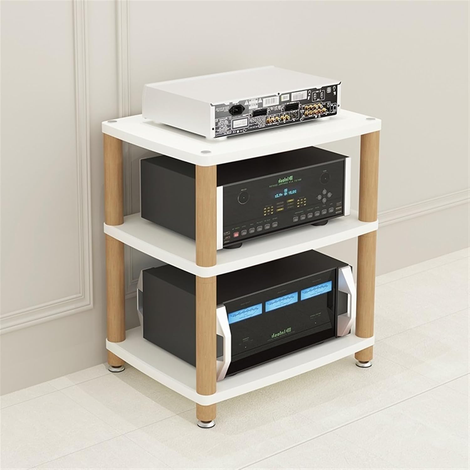Media Storage Cabinet White, 3/4 Shelf Vertical Audio-Video Shelving with Wood Legs, Stereo Equipment Hoolder for Living Room/Theater Room/Home Cinema(48x60x67cm/18.9x23.6x26.3in)