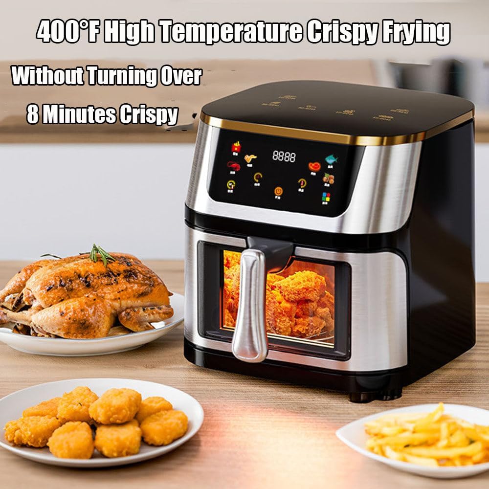 10lL Stainless Steel Visual Air Fryer, 1400w Smart Oven With Digital Touch Screen Oil-Free Fryer, 8 Cooking Presets Timing And Temperature Adjustable Easy To Clean For Family And Party