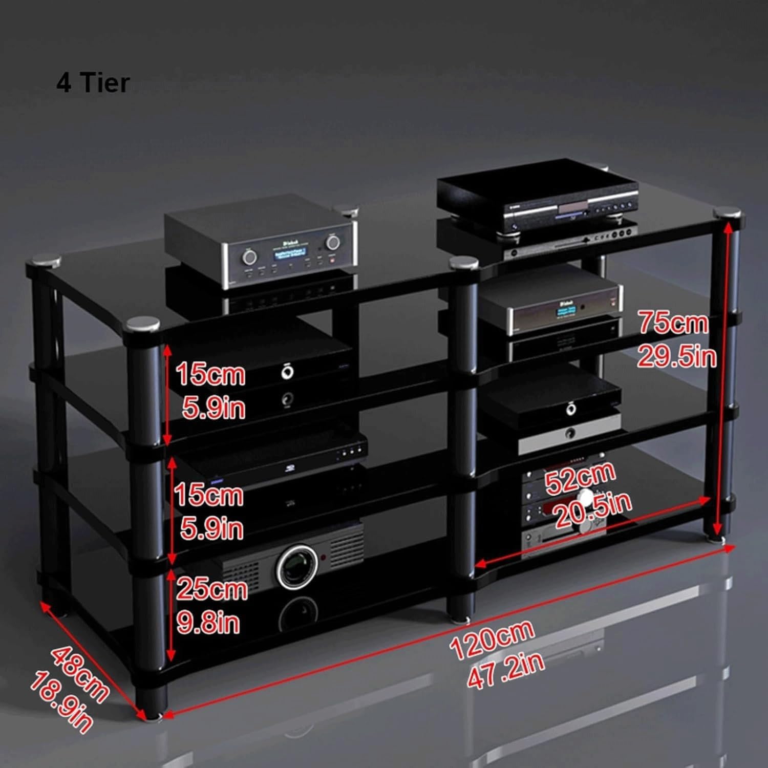 Audio Rack 1/2/3/4 Tier Stereo Rack Audio Equipment Rack Audio Stereo Shelf Wooden HiFi Rack Audio-Video Shelving Shock-Absorbing(Nero,4 Tier)