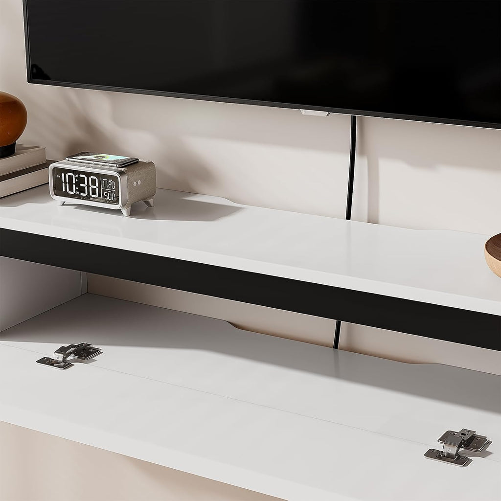 Fully-Assembled Floating TV Stand, 47IN High Gloss Wall Mounted Entertainment Center, Modern Media Console with Storage, Under TV Shelf for Bedroom Living Room White