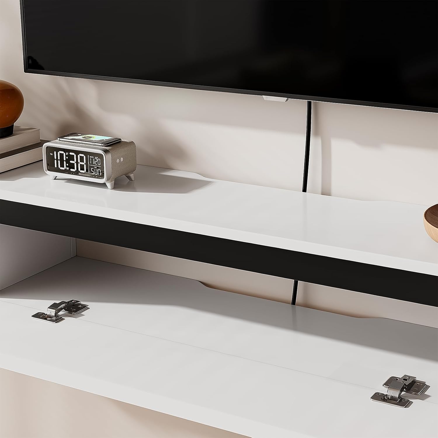 Fully-Assembled Floating TV Stand, 47IN High Gloss Wall Mounted Entertainment Center, Modern Media Console with Storage, Under TV Shelf for Bedroom Living Room White