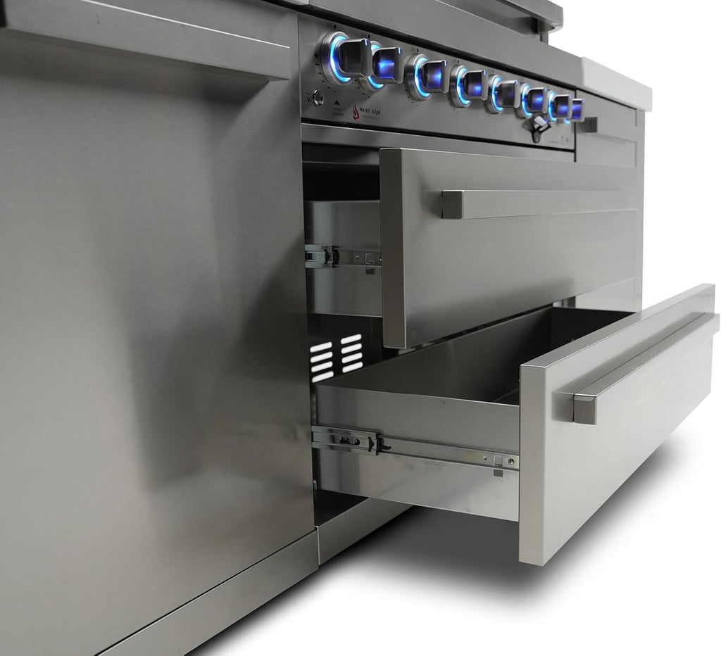 Mont Alpi Deluxe Series Stainless Steel 82'W x 23'D Modular Outdoor Kitchen Island + Side Burner + Refrigerator + 32'W 4-Burner BBQ Gas Grill + White Granite Countertops + Storage Cabinets & Drawers