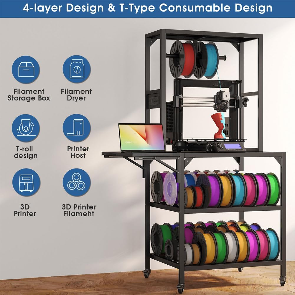3D Printer Stand with Wheels, Heavy-Duty Metal Frame 3D Printer Filament Storage Rack, 2-Layer Spool Holder with Notebook Panel, Movable 3D Printing Cart for Studio, Home, Office Workshop, Black
