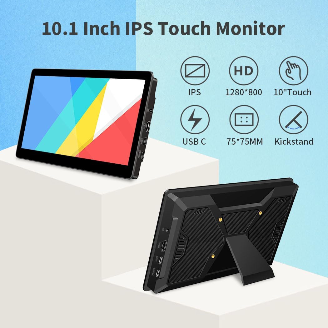 10.1' Touch Screen Monitor, IPS 1280x800 Small USB-C Secondary Display, 10-Point Touch, HDMI, VESA, Dual Speakers, Mini Monitor for Laptop PC Raspberry Pi 3D Printer