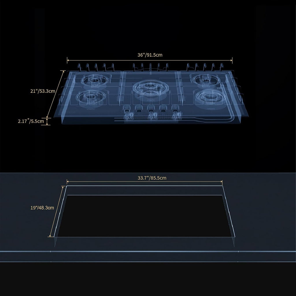 Empava 36' Gas Stove Cooktop NG/LPG Convertible with 5 Italy Sabaf Sealed Burners in Black Tempered Glass