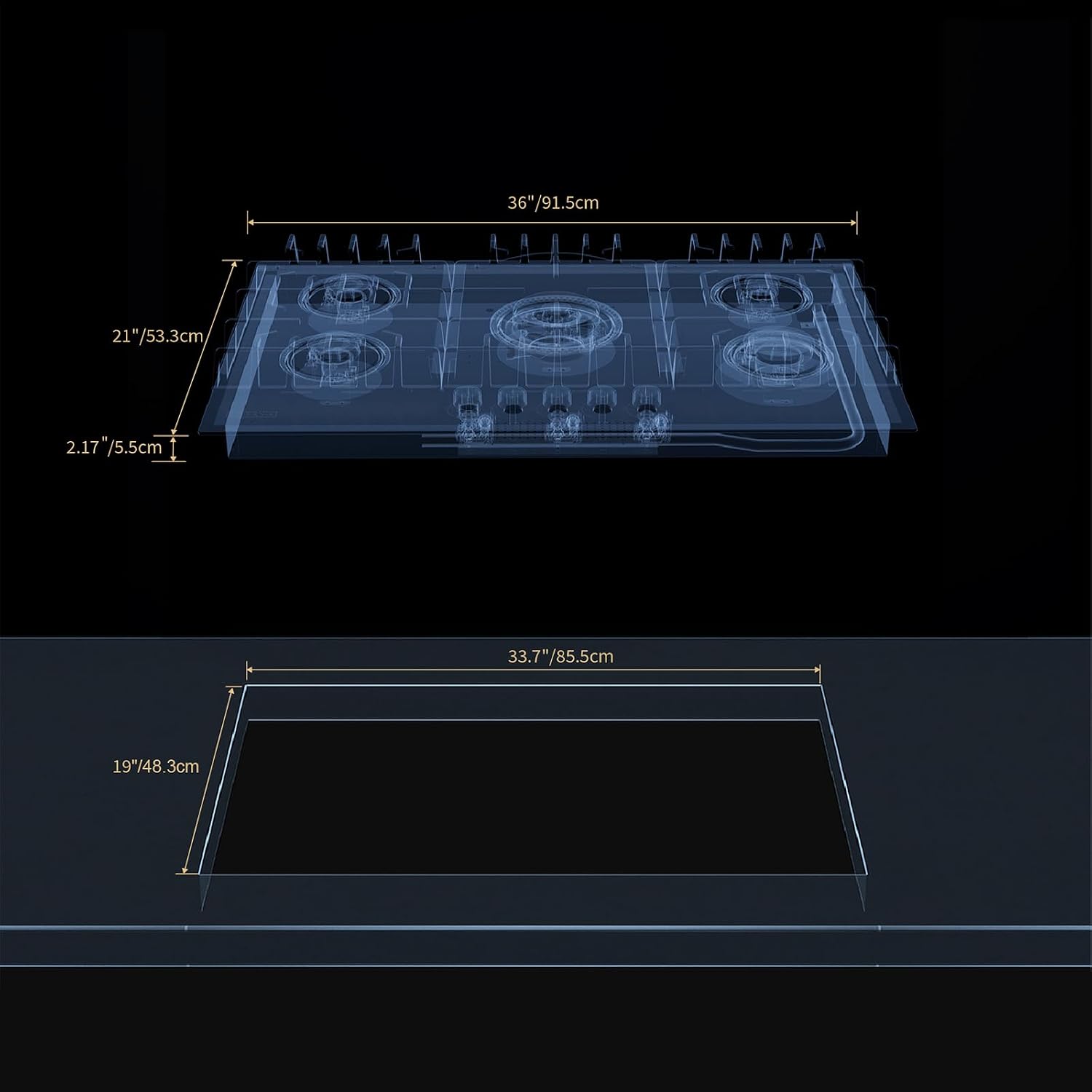 Empava 36' Gas Stove Cooktop NG/LPG Convertible with 5 Italy Sabaf Sealed Burners in Black Tempered Glass