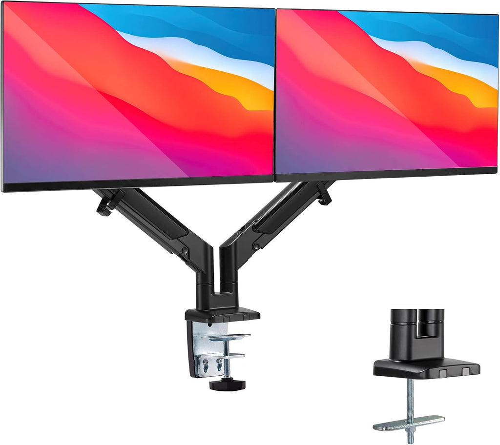 Mount-It! Dual Monitor Arm for 2 Monitors 17' to 32' Screens, Holds 19.8lbs per Arm, Height Adjustable, Tilt/Swivel/Rotate, Gas Spring System, Max VESA 100x100, C-Clamp & Grommet Base