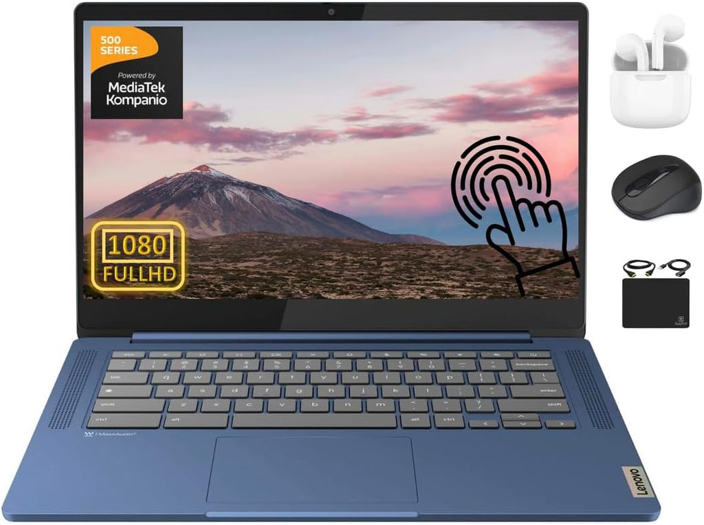 Lenovo Chromebook Slim Thin Light Laptop Student Business 2024, 14' FHD Touchscreen, 8-Core MediaTek Kompanio 520, 4GB RAM, 128GB (64GB eMMC+64GB Card), WiFi 6, Long Hours, Chrome OS+HubxcelAccesory