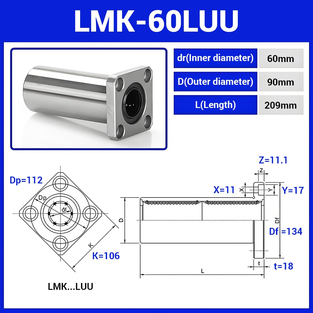 LMK60LUU Square Extra Long Flange Linear Ball Bearings, 60mm Bore Dia, 90mm OD, 209mm Length with Double Side Rubber Seal for CNC,3D Printer 1PCS