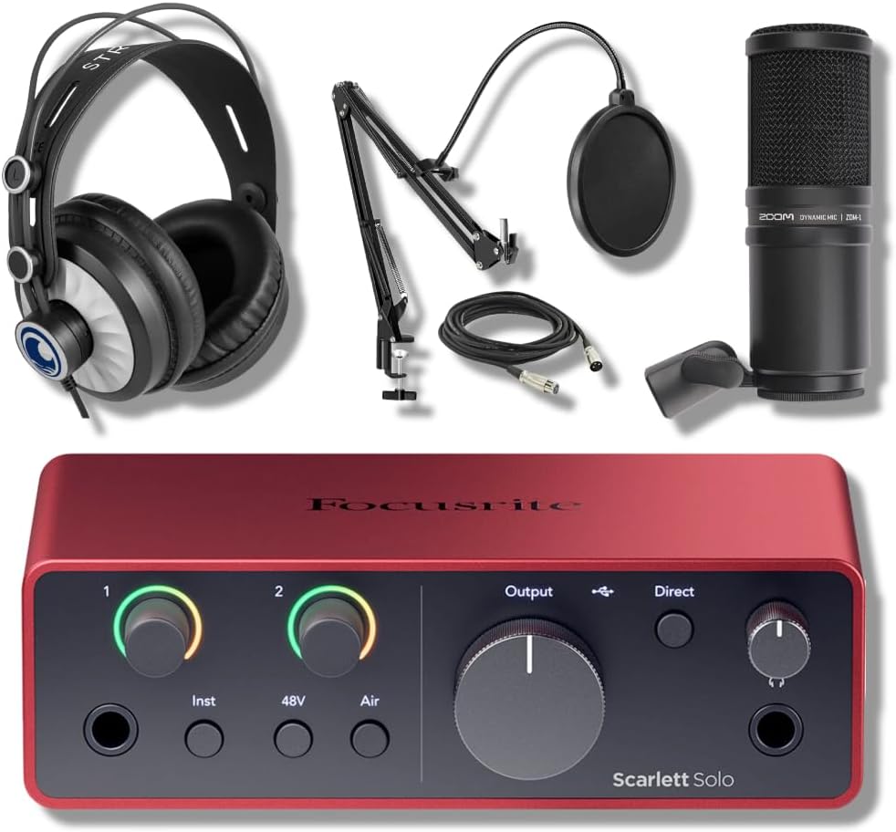 Focusrite Scarlett Solo 4G with Zoom ZDM-1 Dynamic Podcast and Vocal Microphone, StreamEye Cans50 Studio Headphones, Microphone Boom Arm, XLR Cable and Pop Filter Recording Bundle