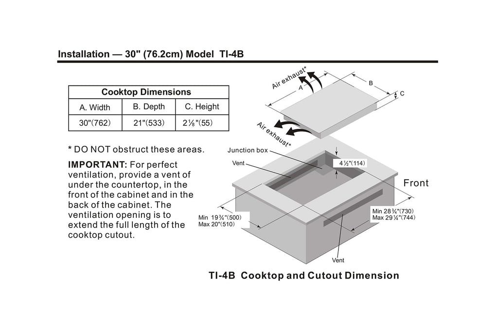 TI-4B 30 inch Built-In 4 Burner Induction Glass-Ceramic Cooktop, 7400W, UL858 Certified