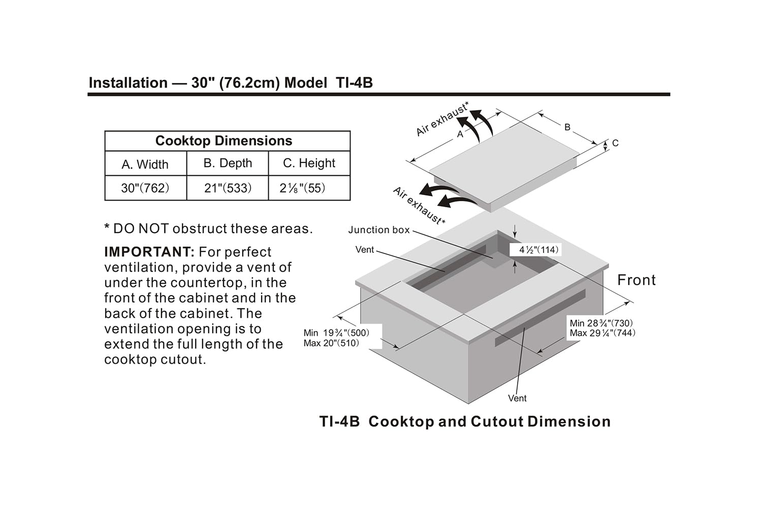 TI-4B 30 inch Built-In 4 Burner Induction Glass-Ceramic Cooktop, 7400W, UL858 Certified