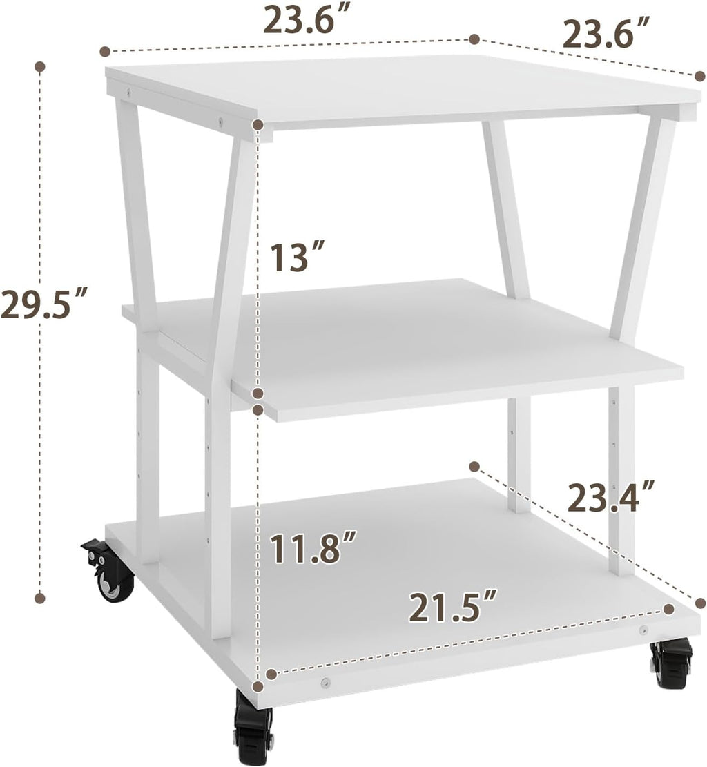 Natwind 3-Tier Large Printer Stand,23.6'x23.6'x29.5' Heavy-Duty Printer Table Cart with Paper Storage Shelf & Wheels,Ideal for Home Office Laser Printers, Copiers (White)