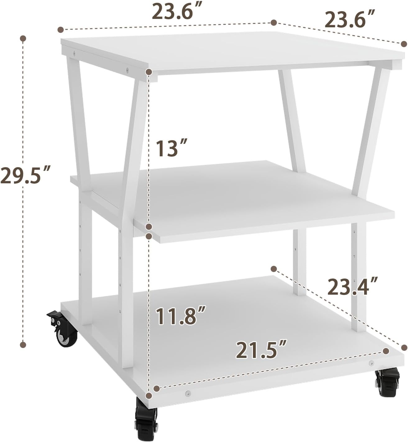 Natwind 3-Tier Large Printer Stand,23.6'x23.6'x29.5' Heavy-Duty Printer Table Cart with Paper Storage Shelf & Wheels,Ideal for Home Office Laser Printers, Copiers (White)