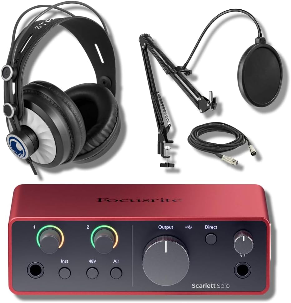 Focusrite Scarlett Solo 4G USB-C Audio Interface Bundle with StreamEye Cans50 Headphones, BOOMARM1 Boom Arm, and Pop Filter — Home Studio Recording Kit for Podcasting, Music Production, Streaming