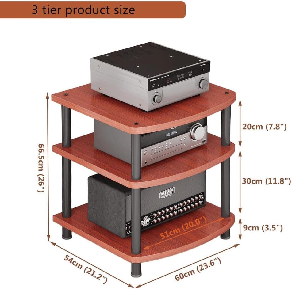 4-Tier AV Media Stand Audio Rack Tower Adjustable Height TV Game Console Equipment Shelf CD Record Player Stereo Component Rack Cabinet for Home Theater Studio,Brown,3 Tier