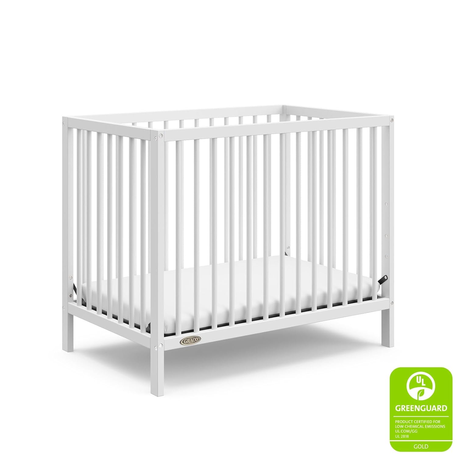 Graco Teddi 4-in-1 Convertible Mini Crib with Bonus Water-Resistant Mattress – GREENGUARD Gold Certified, 2.75-Inch Mattress Included, Small Spaces Crib, Easy 30-Minute Assembly (White)