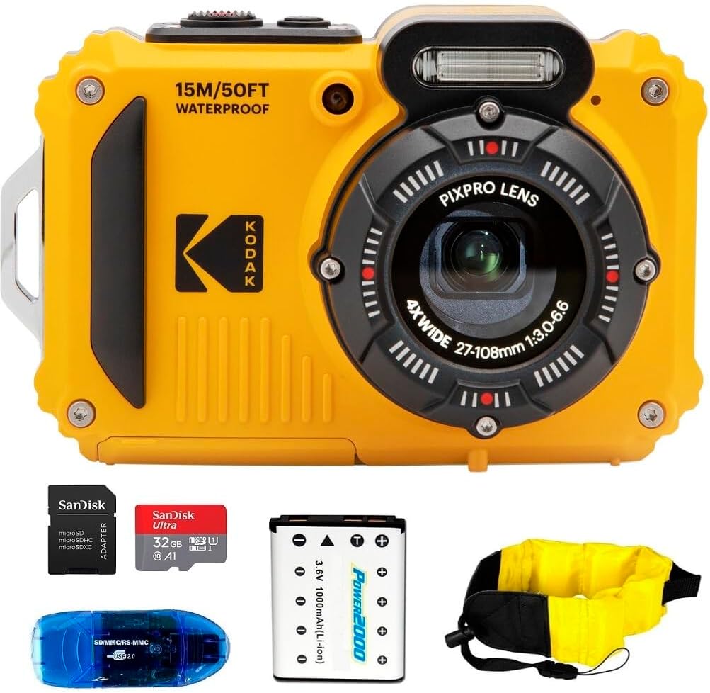 KODAK PIXPRO WPZ2 Waterproof Digital Camera Bundle, Includes: SanDisk 32GB MicroSD Memory Card, Spare Battery and More (5 Items) (Yellow)