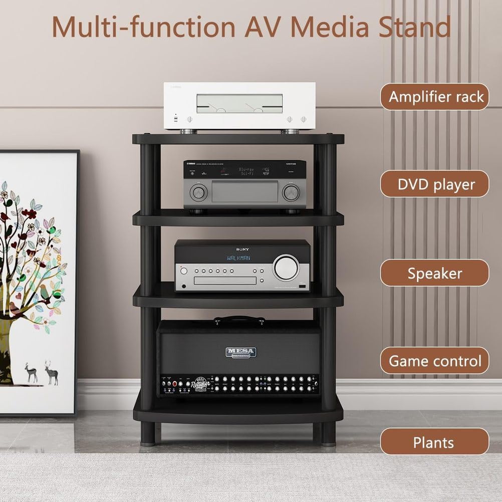 4-Tier AV Media Stand Audio Rack Tower Adjustable Height TV Game Console Equipment Shelf CD Record Player Stereo Component Rack Cabinet for Home Theater Studio,Black,3 Tier