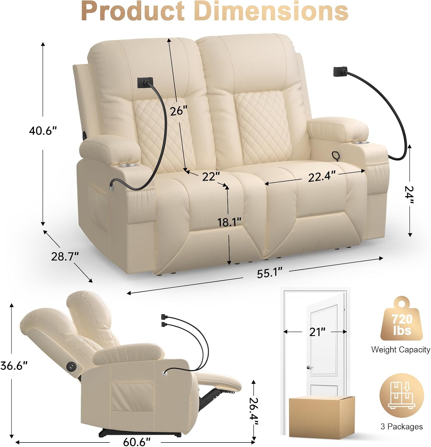 Loveseat Recliner Sofa, Home Theater Seating with Storage & Pocket, Reclining Loveseat Sofa with USB Ports & Phone Holders, Wall Hugger Recliner RV Couch Furniture