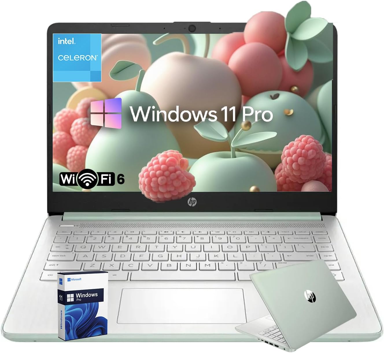HP 14 Laptop for Business and Students • 14' Anti-Glare Display • Intel 4-Core N150 Processor • Copilot AI • Windows 11 Pro • 16GB RAM • 128GB UFS • Wi-Fi 6 • Willow Green