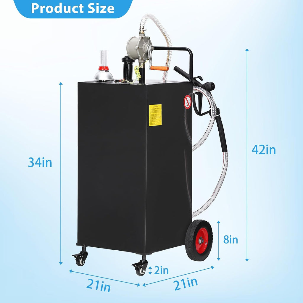Fuel Caddy Tank 35-Gallon with Manual Transfer Pump, Heavy-Duty Mobile Gas & Diesel Storage Tank for Cars, Lawn Mowers, Boats, ATVs, and Farming Equipment. Effortless Refueling on 4 Large Wheels