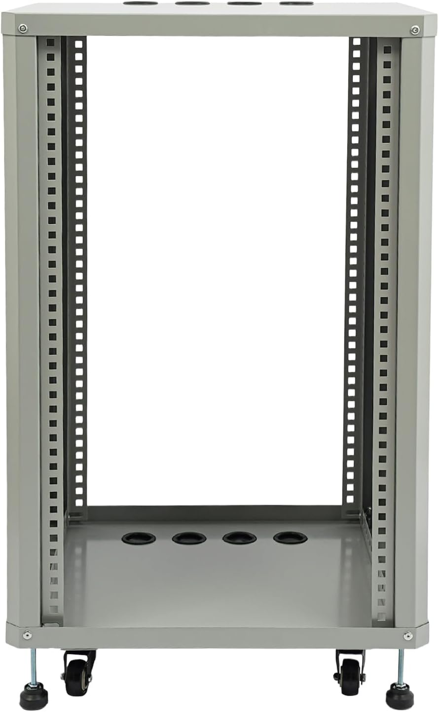 18U Server Rack with Wheels&Leveling Feet, Freestanding Rolling Open Frame IT Network Server Cabinet Rack Shelf for Audio Video Music Recording Computer AV Data & IT Equipment,Up to 300 Lbs Load,Grey