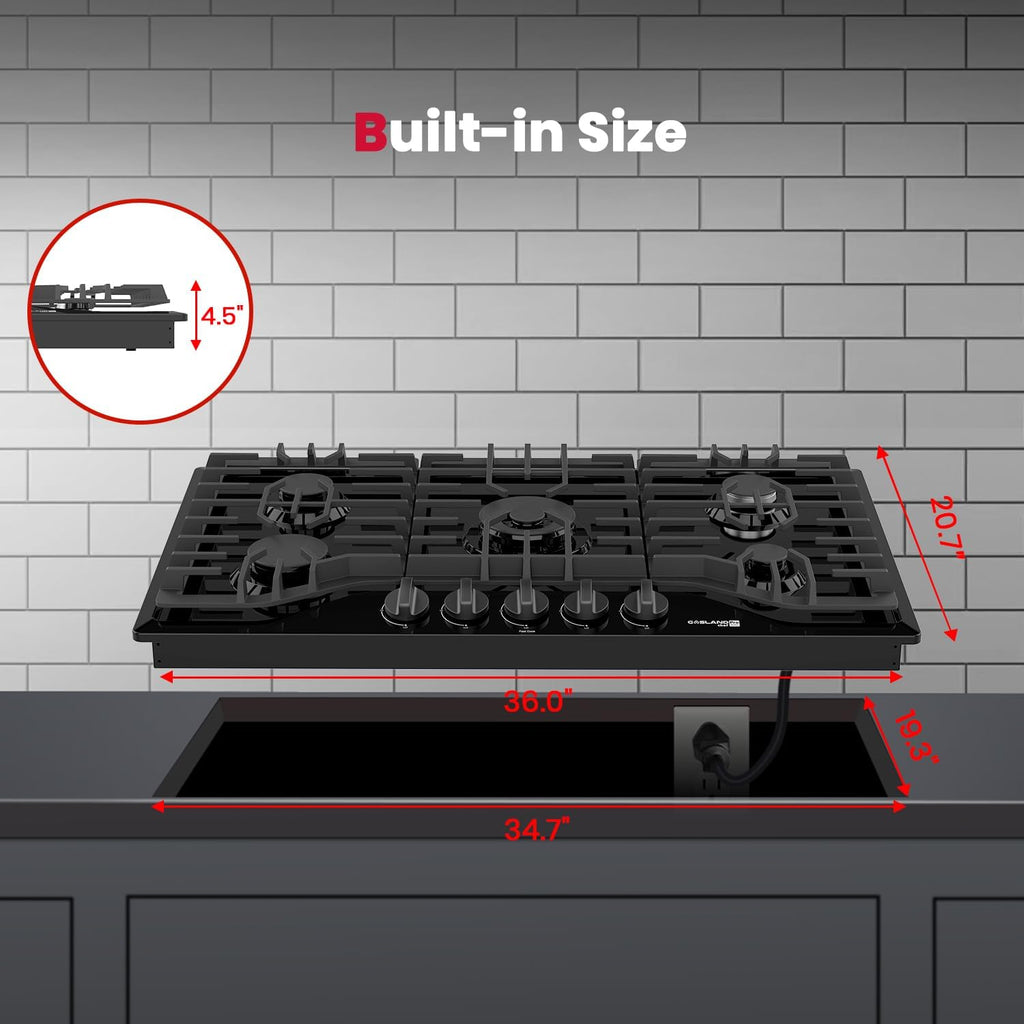 GASLAND 36 Inch Gas Cooktop 5 Italy Sabaf Burner, PRO GH2365EF, Built-in NG/LPG Convertible Stovetops, Gas Countertop Plug-in with Thermocouple Protection, CSA Certified, Black