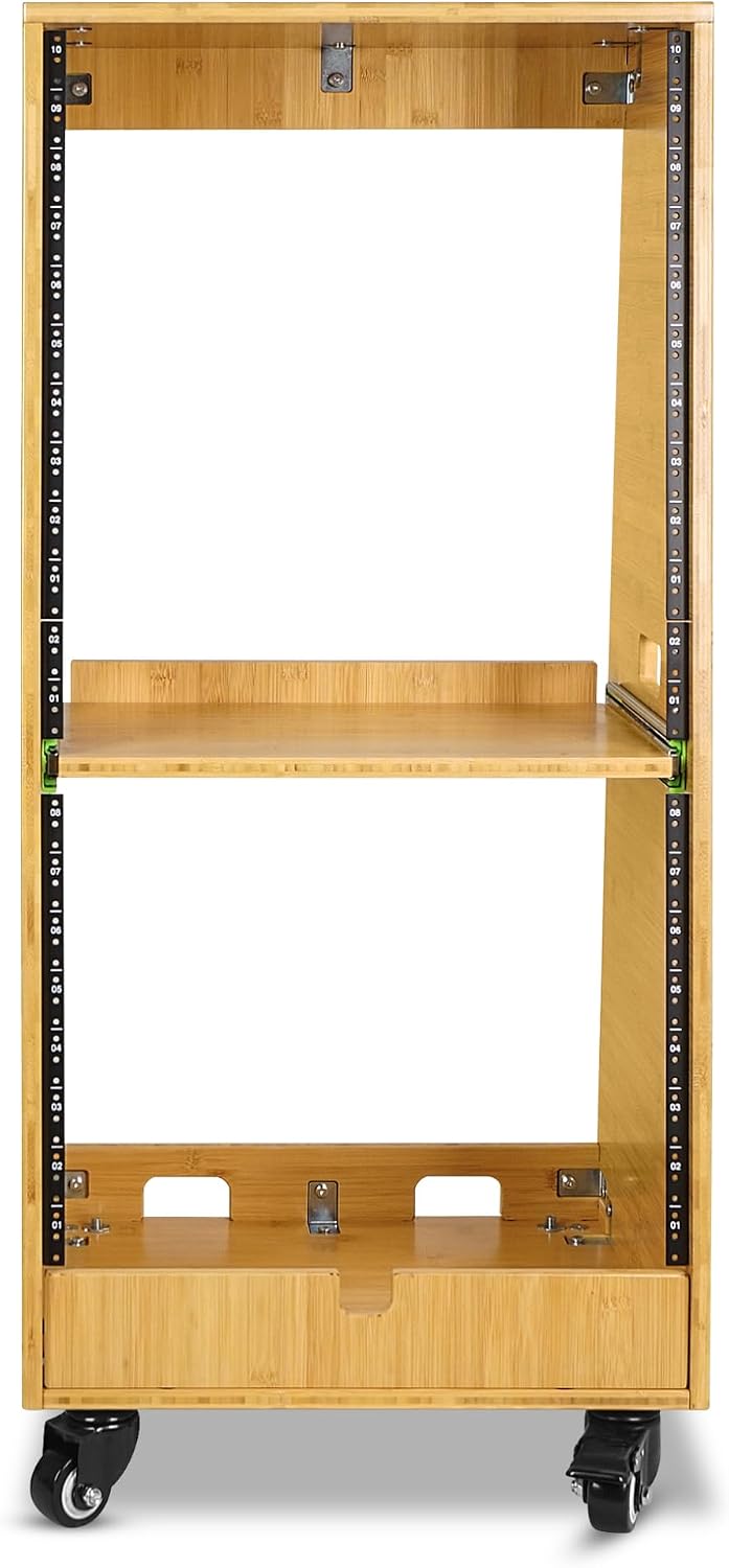 Sound Town DIY Solid Carbonized Bamboo Slanted 20U Studio Rack (12U Top + 8U Lower), with 2U Bottom Storage, Slide-Out Tray, Caster, For Recording Room, Home Studio (STBR-ST20T)