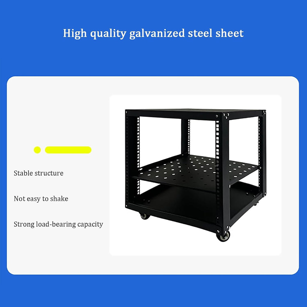 Adjustable Steel Audio Rack with Wheels, Movable Media Stand & Storage Cabinet, Black Entertainment Center, Height-Adjustable Shelves for AV & Video Equipment (50x45x59.4cm)