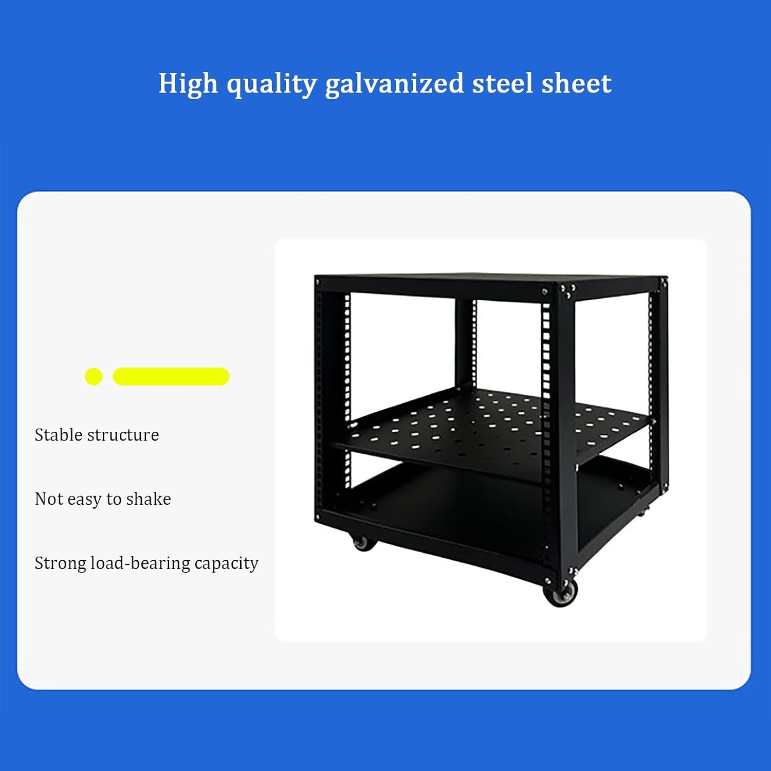 Adjustable Steel Audio Rack with Wheels, Movable Media Stand & Storage Cabinet, Black Entertainment Center, Height-Adjustable Shelves for AV & Video Equipment (50x45x59.4cm)