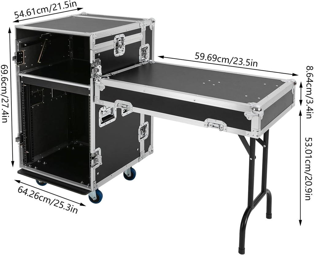 12U PA DJ Rack with DJ Table Tops, 661LBS Recording Studio Racks Audio Equipment Cabinet, Mobile Stereo Rack with Lockable Wheels for Studio/Wedding (12U)
