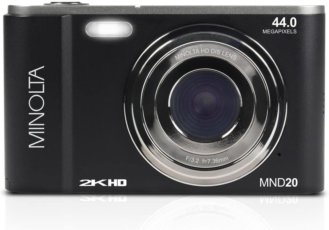 Minolta MND20 44 MP / 2.7K Quad HD Digital Camera (Black) + 32GB Memory Card + 12 inch Flexible Tripod + Memory Card Wallet + USB Card Reader, SD/microSD + More