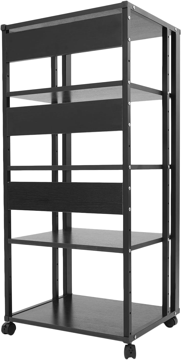 5 Tier AV Media Stand, Rolling Audio Rack Tower, CD Record Player Stereo Receiver AV Equipment Cabinet Display Rack with Wheels, Adjustable Shelves for Home Theater Office Load 110 lbs
