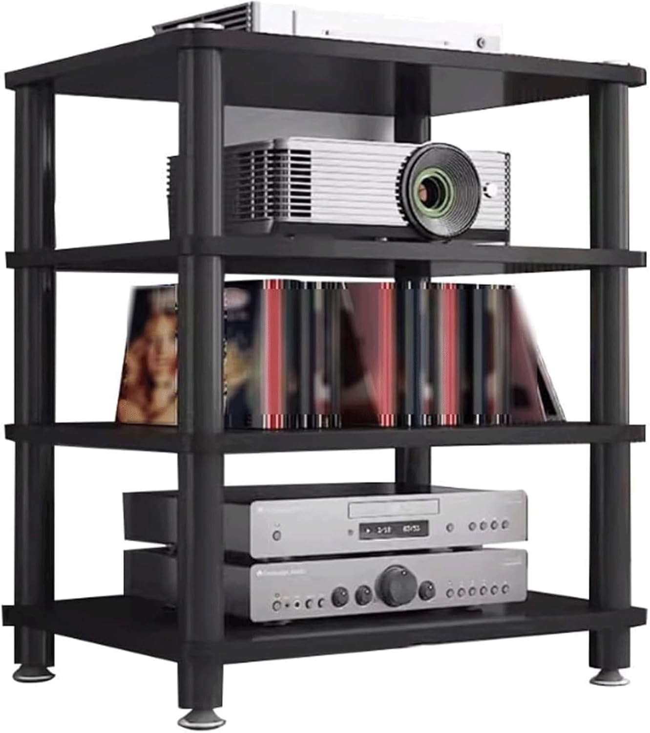 Audio Rack Wooden Stereo Rack Audio Equipment Rack Audio Open Rack Cabinet HiFi Rack Audio-Video Shelving Shock-Absorbing Feet(Nero,4 Tier)