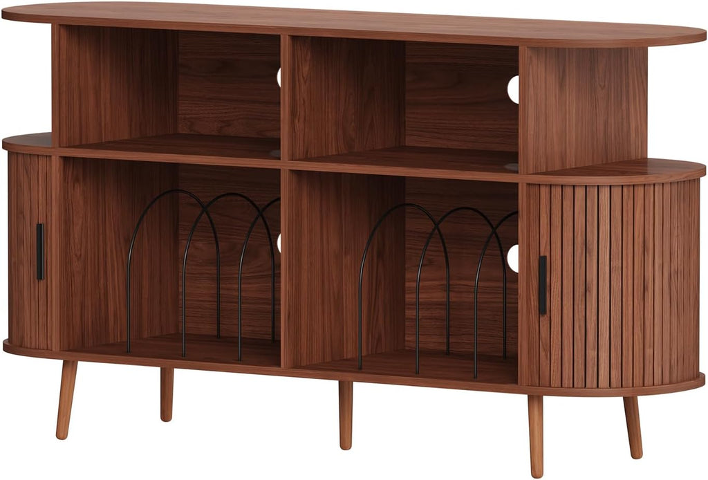 55.1' Wide Record Player Stand with Storage - Vinyl Record Storage Cabinet & Media Console Holds 300+ Records, Mid Century Modern Turntable Stand for Living Room (Walnut, 55.1')