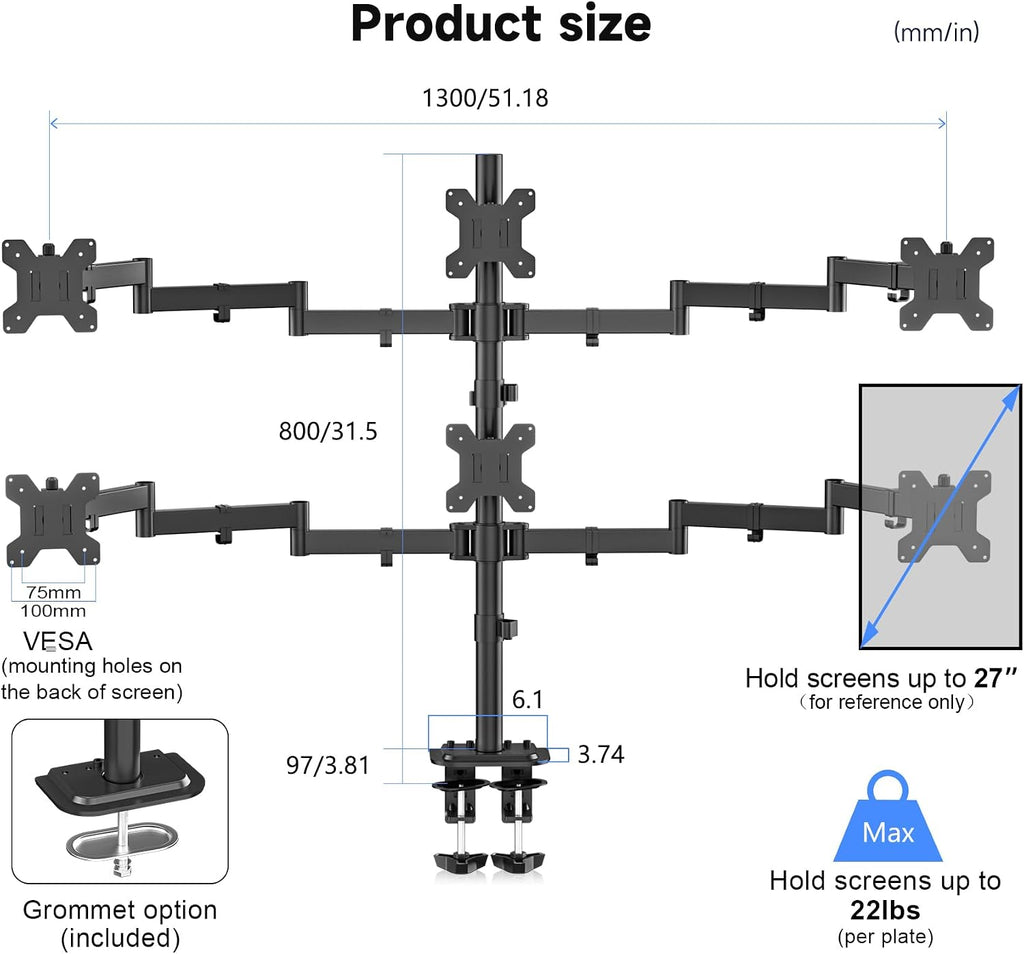 Suptek Hex LED LCD Monitor Stand up Desk Mount Extra Tall 31.5 inch Pole Heavy Duty Fully Adjustable Stand for 6 / Six Screens up to 27 inch (MD68126)