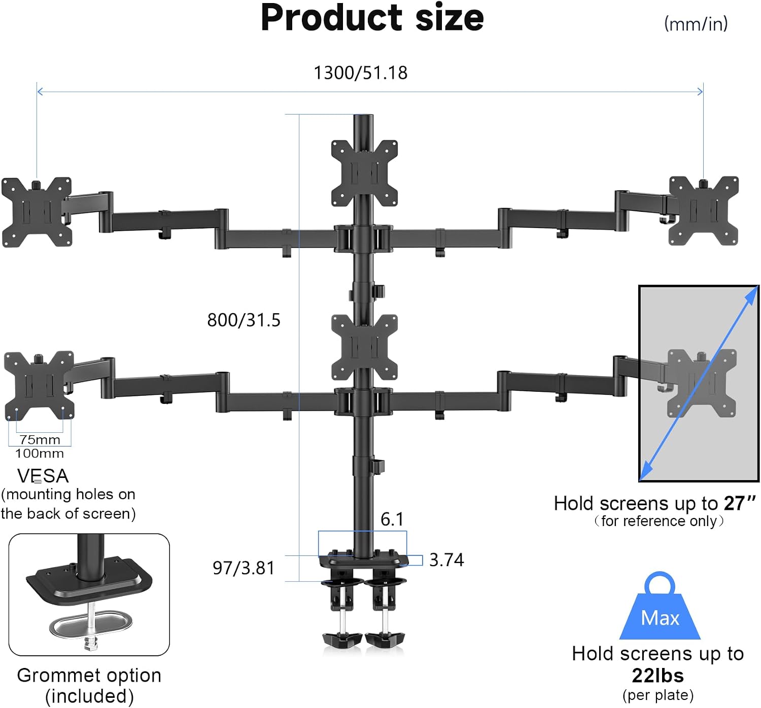 Suptek Hex LED LCD Monitor Stand up Desk Mount Extra Tall 31.5 inch Pole Heavy Duty Fully Adjustable Stand for 6 / Six Screens up to 27 inch (MD68126)