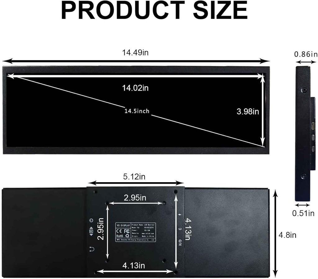 VSDISPLAY 14.5'' 14.5 Inch 2560x720 2K IPS LCD Monitor Stretched Bar Display for Computer PC Case GPU CPU Secondary Screen Monitor,Supports USB-C Video Input