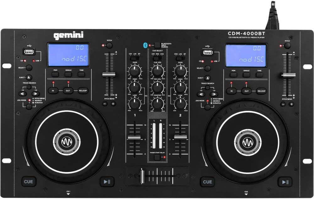 Audiosavings Bundle:(1) Gemini CDM-4000BT Dual DJ CD/USB Media Player with Bluetooth + Mixer Bundle with (1) Rockville DJ1500 DJ Headphones w/Detachable Coil Cable, Case+Extra Ear Pad (Items 2)